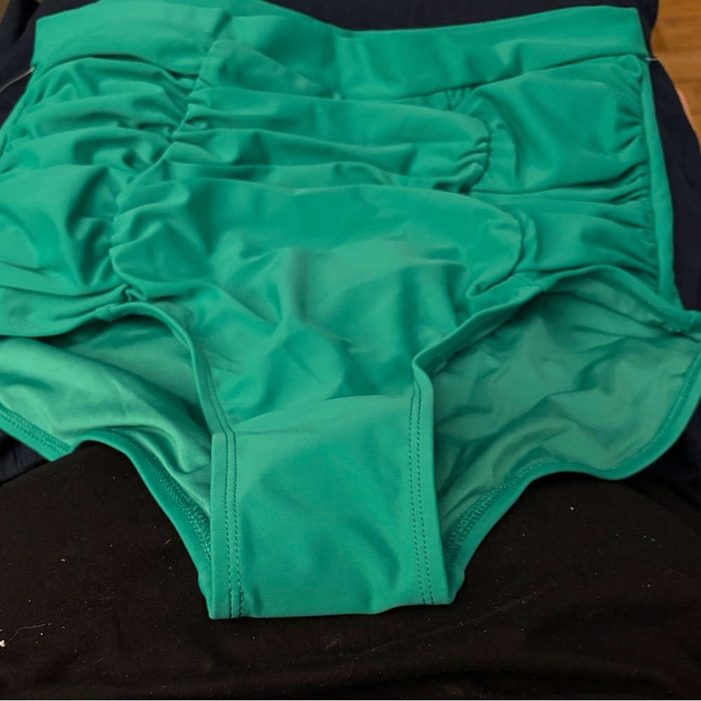 NIP 2X Rouches Shapermint High-Waisted Control Bikini Bottom - TEAL GREEN
